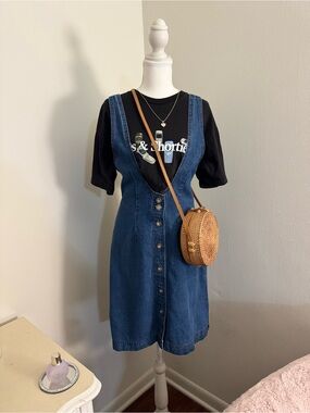 Denim Button-Front Jumper Dress in Dark Blue